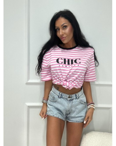 T-shirt w paski CHIC z wiązaniem La Milla różowy