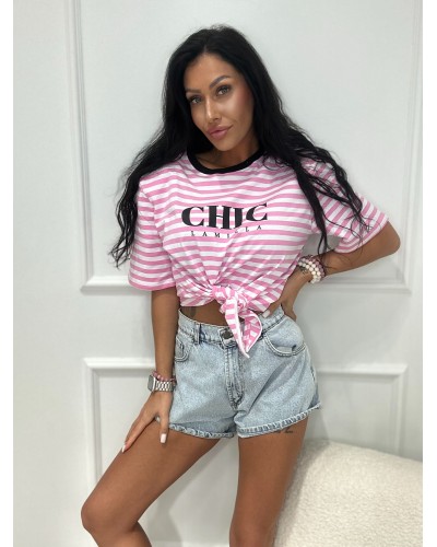 T-shirt w paski CHIC z wiązaniem La Milla różowy