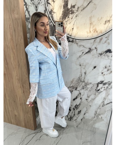 Marynarka w kratę z koronkowym rękawem By o la la...! błękitna