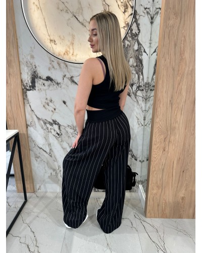 Lniane szerokie spodnie w paski By o la la...! czarne