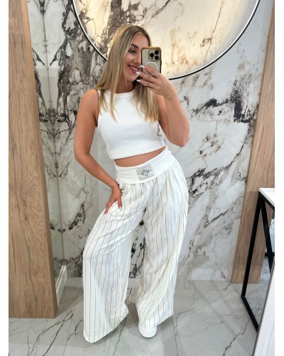 Lniane szerokie spodnie w paski By o la la...! śmietankowe