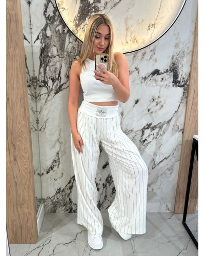 Lniane szerokie spodnie w paski By o la la...! śmietankowe