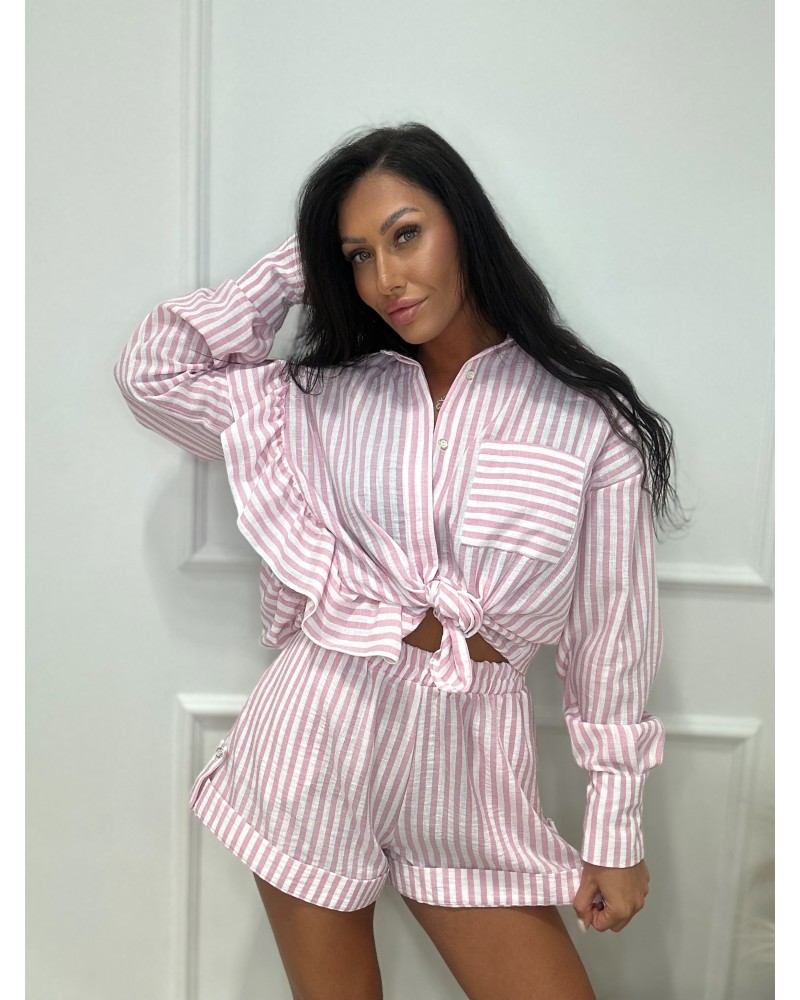 Komplet lniany w różowe paski La Milla