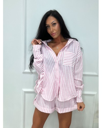 Komplet lniany w różowe paski La Milla