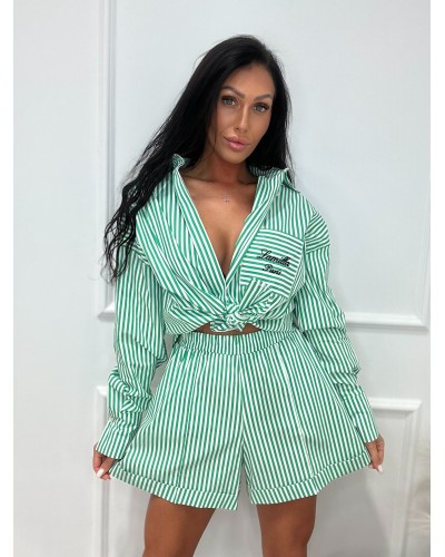 Komplet w paski koszula + spodenki La Milla biało zielony