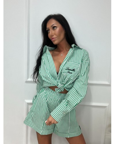 Komplet w paski koszula + spodenki La Milla biało zielony