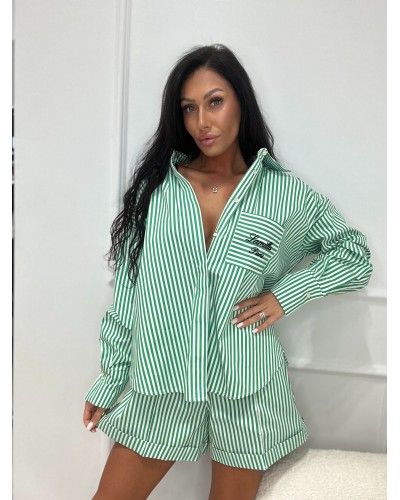 Komplet w paski koszula + spodenki La Milla biało zielony