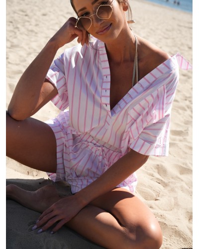 Komplet koszulowy w paski By o la la...! biały z różem