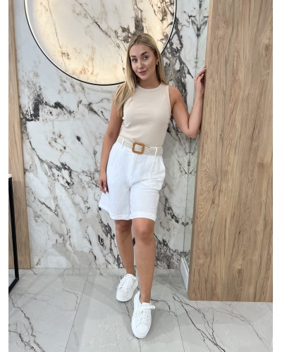 Lniane bermudy z paskiem By o la la...! śmietankowe