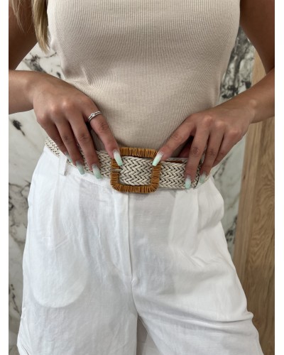 Lniane bermudy z paskiem By o la la...! śmietankowe