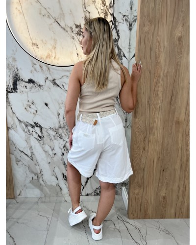 Lniane bermudy z paskiem By o la la...! śmietankowe