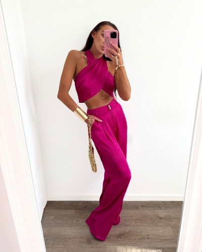 Komplet satynowy w łezki La Milla różowy