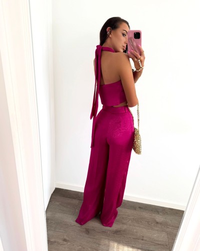 Komplet satynowy w łezki La Milla różowy